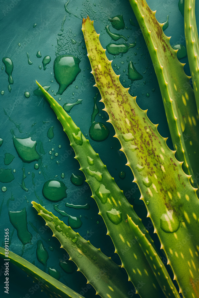 Naklejka premium Aloe vera leaves on a green background. Natural aloe leaf as a cosmetic and medical treatment for skin care, creative design copy space background.
