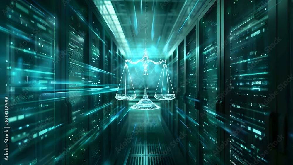 Digital law concept with justice scales background in modern data center. Concept Digital Law, Technology Ethics, Data Protection, Legal Technology, Justice System