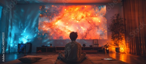 In the living room, there is an oversized projector screen on which images of colorful galaxies and magical creatures appear.