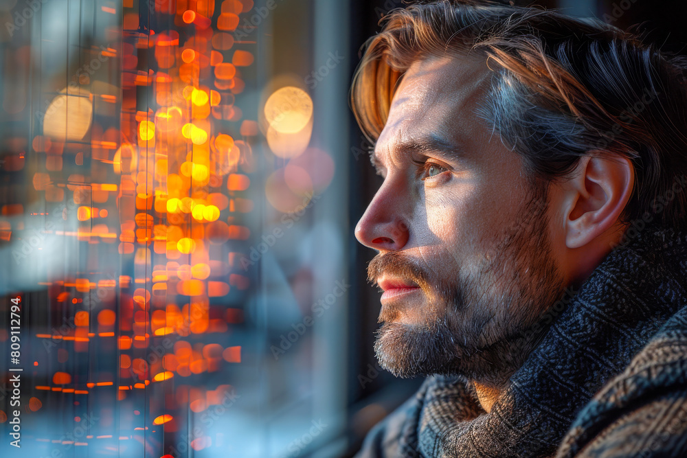 Contemplative Man Looking Out Window with City Lights Reflection Contemplative Man Looking Out Window with City Lights Reflection