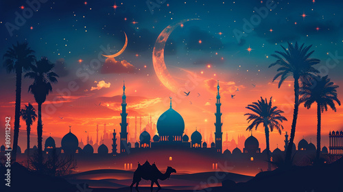 Cute camel against a serene mosque backdrop, celebrating Eid.