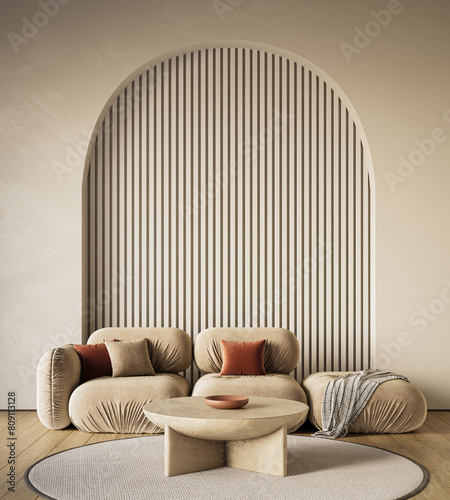 Mockup interior design of modern apartment with arch wall. Copy space. Template, 3d rendering
