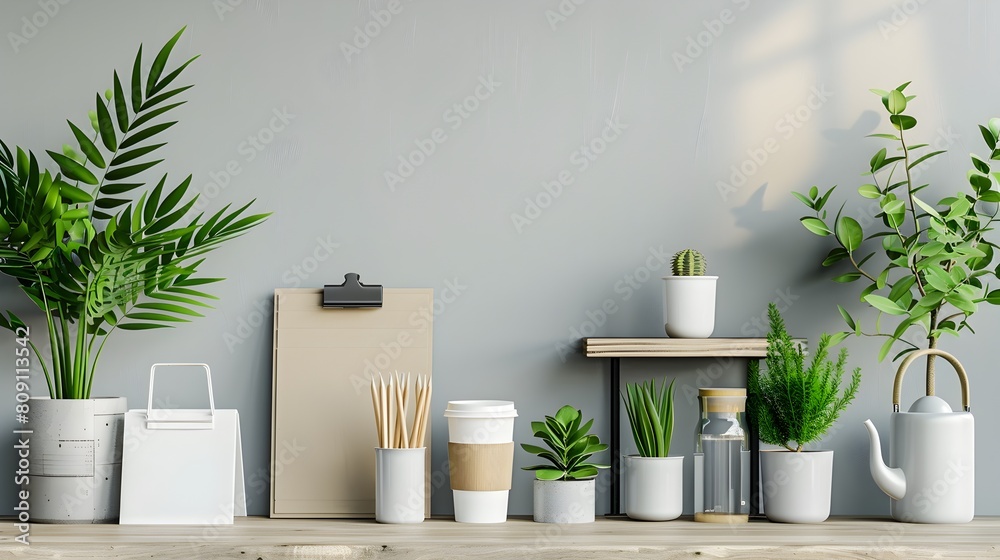 Eco Friendly Office Supplies Displayed in Modern Workspace Setting Eco Friendly Office Supplies Displayed in Modern Workspace Setting