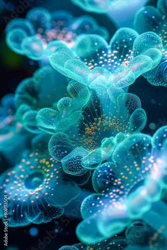 Glowing Bioluminescent Jellyfish in Deep Ocean