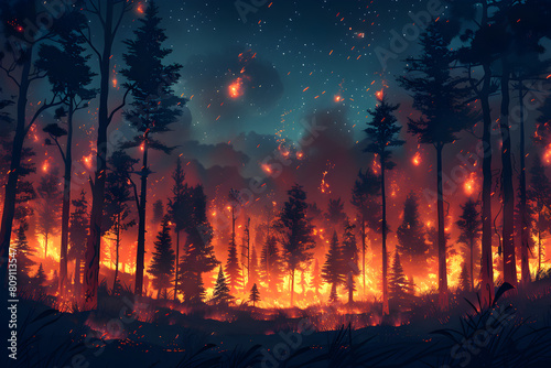 Illustration of a forest fire at night, showing trees burning and the destruction caused by global warming and environmental crisis.