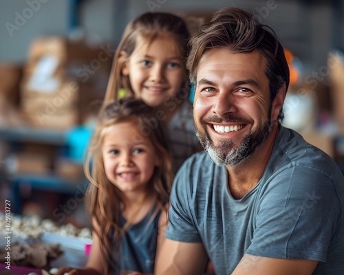 Happy Father Volunteers with Daughters at Local Shelter Instilling Values of Giving and Community Service