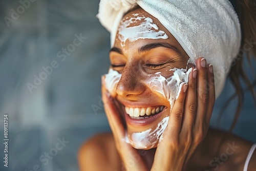 Happy woman washing face in the morning  skin care routine. Beauty concept with copy space