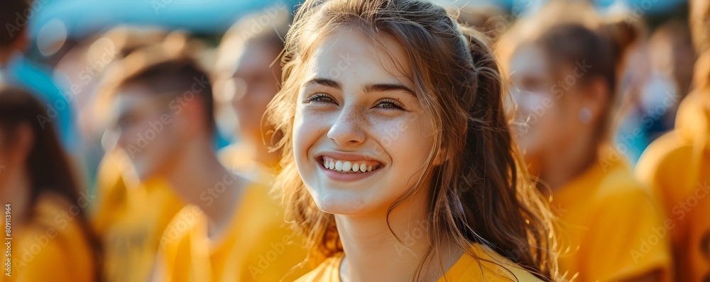 The Joyful Teenager Leading with Enthusiasm at the Youth Leadership Camp description The image depicts a smiling energetic teenager with a vibrant