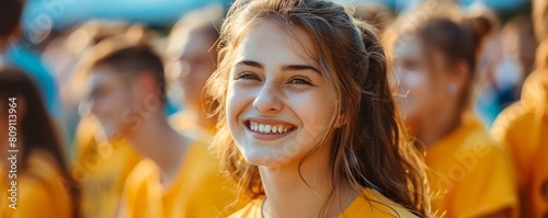 The Joyful Teenager Leading with Enthusiasm at the Youth Leadership Camp description The image depicts a smiling energetic teenager with a vibrant