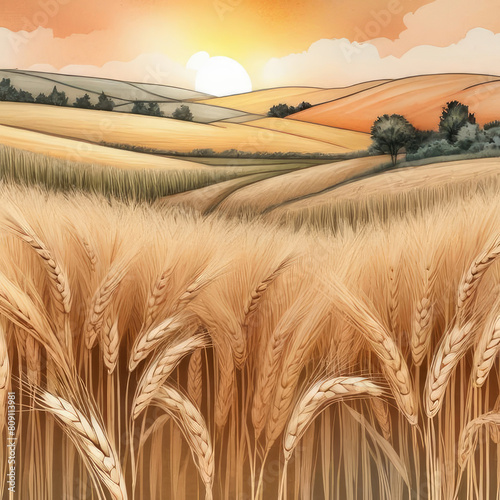 Sunset lush wheat ripe field in watercolor style.