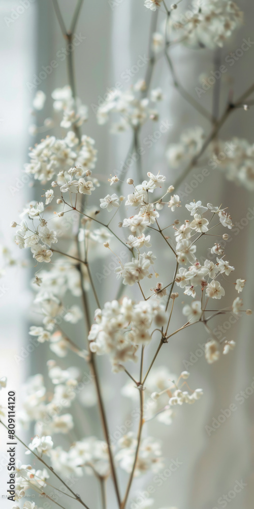 Fototapeta premium Delicate White Blossoms on Elegant Thin Branches Against Soft Background