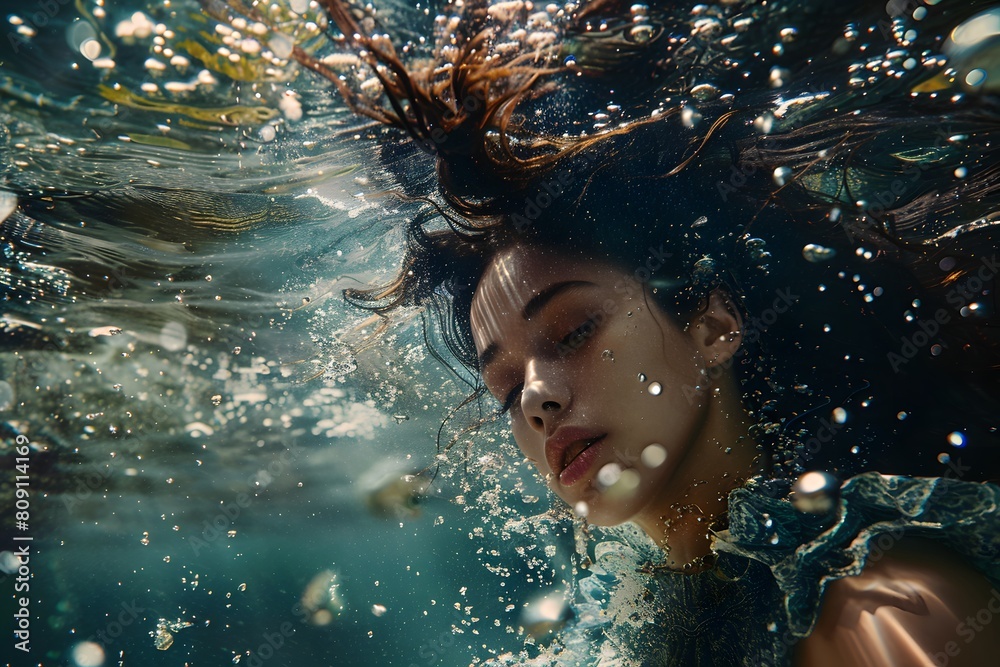 Obraz premium Portrait image of an innocent beautiful young mermaid girl underwater.