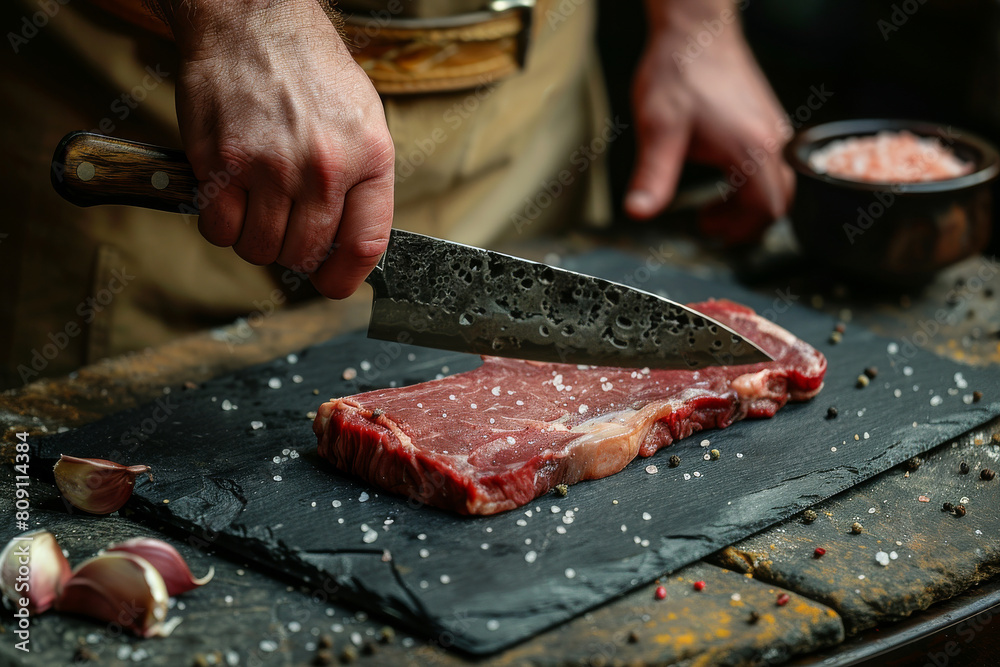 Chef Preparing Steak with Herbs and Sea Salt on Dark Slate Background
