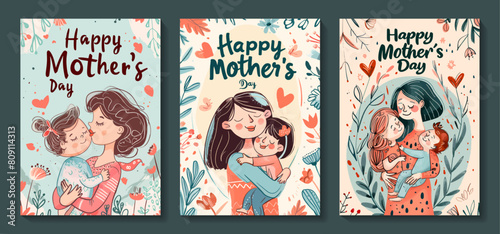Happy Mother's Day, a set of hand drawn cards with cute illustrations of mom and baby. Simple flat illustrations. Vector