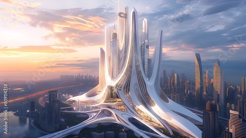 A white architectural marvel rising like a phoenix amidst the urban landscape photo