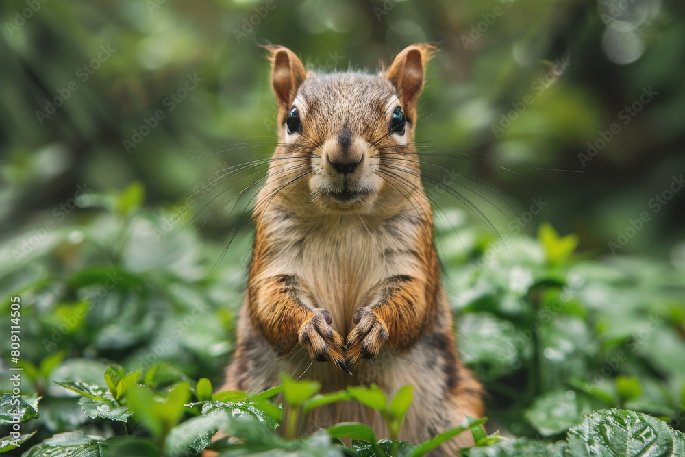 Fototapeta premium Curious Squirrel Peering Through Lush Green Foliage