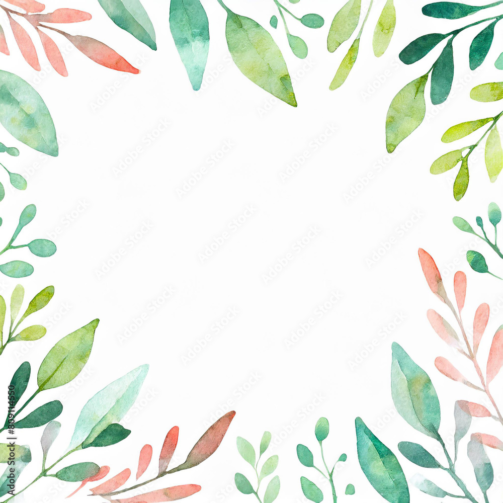 Watercolor leaves frame border background