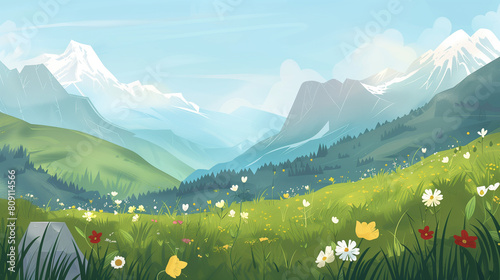 Vector illustration. View of an alpine landscape with meadows and some wild flowers in the foreground. Beautiful summer view of mountains. Forests in the Alps. photo