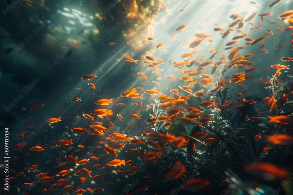 Small goldfish swim in sunlight, stunning underwater background. Copy space available Small goldfish swim in sunlight, stunning underwater background. Copy space available
