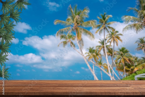 palm tree on the beachand  empty wooden table photo