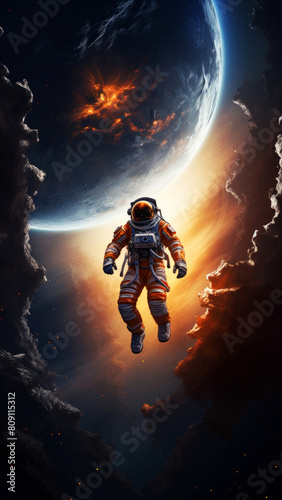 An astronaut in an orange suit drifts in space with a planet and fiery nebula in the backdrop. Fantasy futuristic concept
