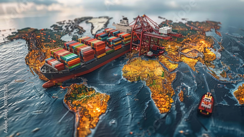 Cargo Ship on a Map-Themed Ocean Navigating Around Europe and Africa with Illuminated City Lights