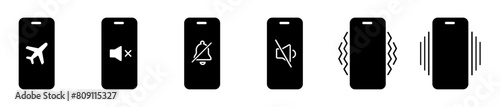 Black mobile phone vector icon. Dialing mode: mute, vibration, silent, sound, ring, voice mode