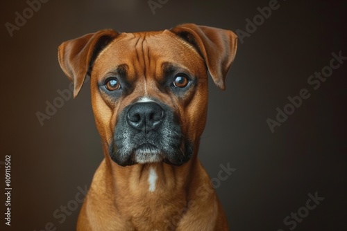 Soulful brown boxer dog portrait on a dark background