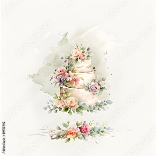 Watercolor wedding cake illustration with bouquet flowers on white background for celebration design. Birthday and wedding and greeting design. 