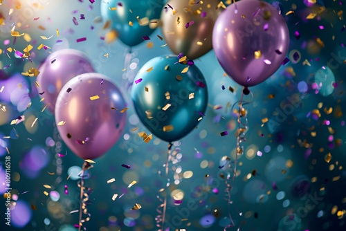 Celebration background with confetti and balloons, background image with colored balloons floating with ribbons hanging and confetti, AI generated