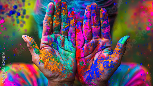close up of a color festival scene in india  face with colors  colored background