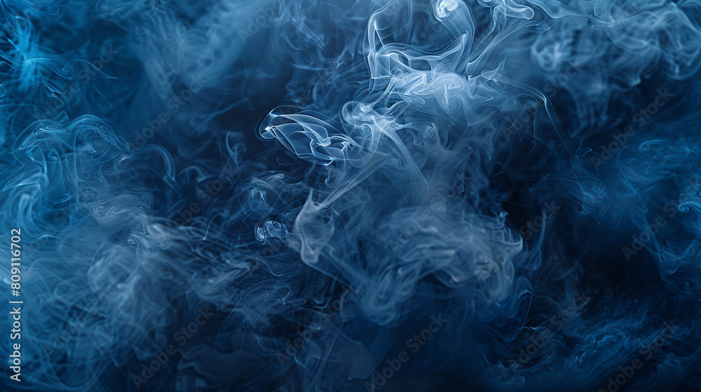 A mysterious and moody scene of smoke in shades of deep blue and gray, swirling in the darkness to create a sense of depth and intrigue.