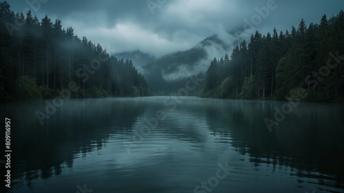 Photography of river water reflection and forest, dark with clouds. Landscapes photography.