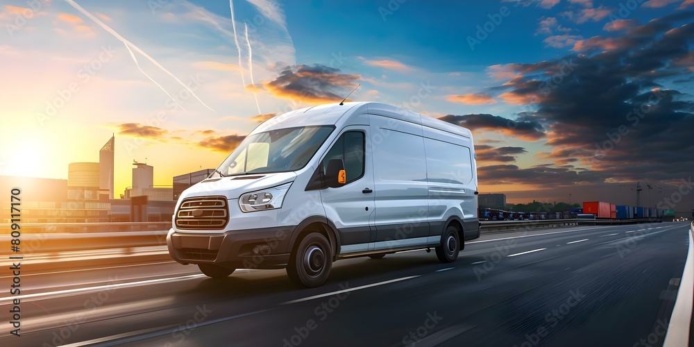 Fast white delivery van on highway transporting cargo to urban area. Concept Delivery Van, Highway Transportation, Urban Cargo, Fast Shipping, White Vehicle