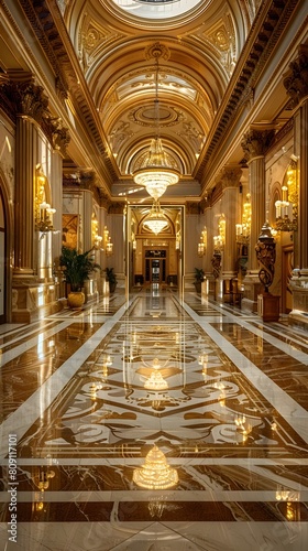 Opulent and Magnificent Hotel Lobby with Ornate Architectural Elegance and Lavish Marble Floors