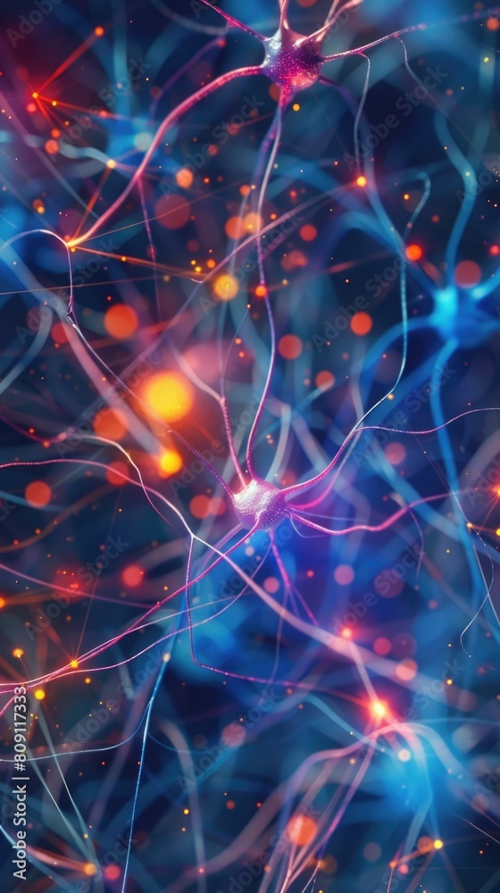 Fototapeta premium Nerve connections forming a network, vibrant colors illustrating signal transmission,