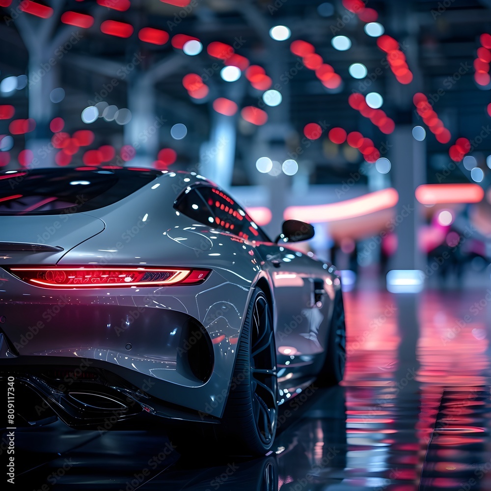 Sports Car Model Showcased at Dramatic auto show Under Night Lighting description This image depicts the latest sleek and powerful sports car model