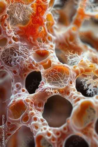 A hyperdetailed macro photography style image of the alveoli in human lungs, emphasizing the texture and complexity of respiratory structures,
