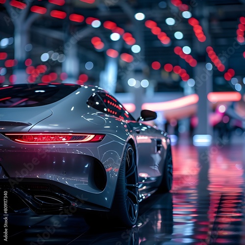 Sports Car Model Showcased at Dramatic auto show Under Night Lighting description This image depicts the latest sleek and powerful sports car model © Thares2020