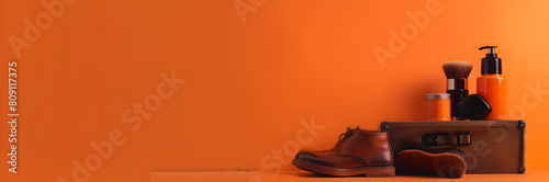 Travel shoe shine kit web banner. Travel shoe shine kit isolated on orange background with copy space. photo