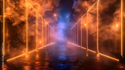 Empty dark street with neon lights smoke and blue background. Concept Urban Photography, Neon Lights, Dark Street, Atmospheric Shots, Moody Vibes