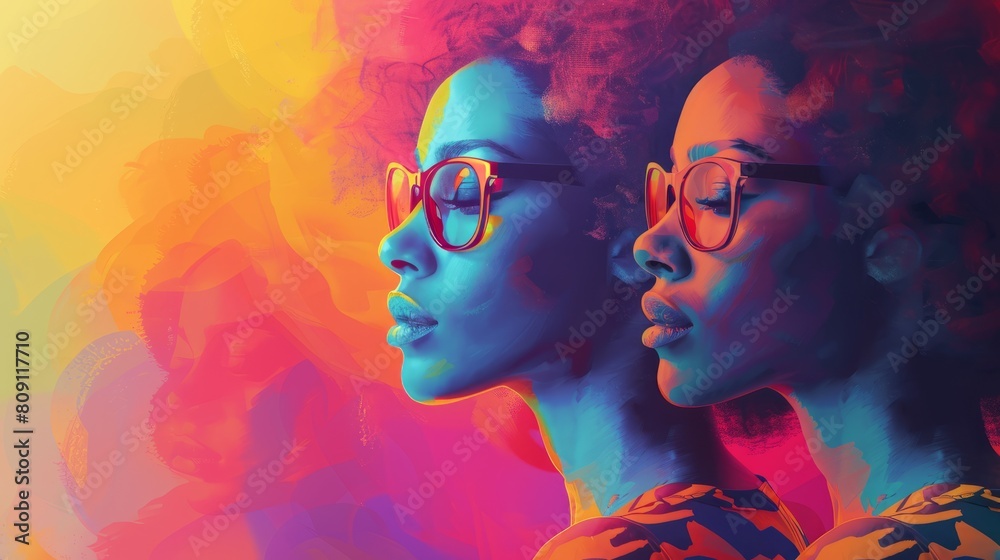 Two women with glasses and colorful hair Two women with glasses and colorful hair