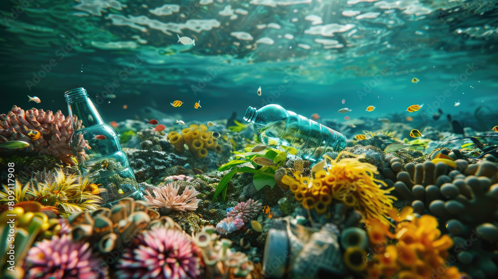 Fototapeta premium Pollution of the environment, ocean and reservoirs by plastic and garbage. A threat to the existence of the inhabitants of the seas. Plastic recycling