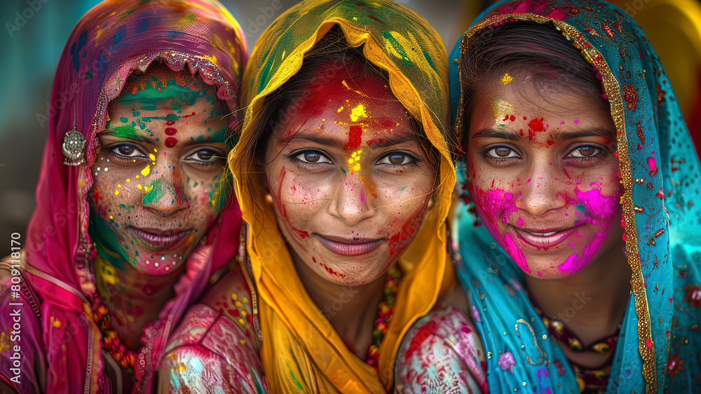 close up of a color festival scene in india, face with colors, colored background