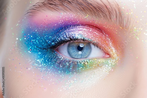 Close-up of stunning blue eye with gorgeous glitter makeup for beauty and fashion inspiration