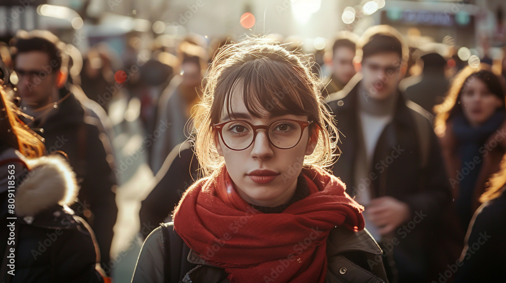 .A woman in glasses and red scarf stands out from the crowd of men dressed as business people on busy street
