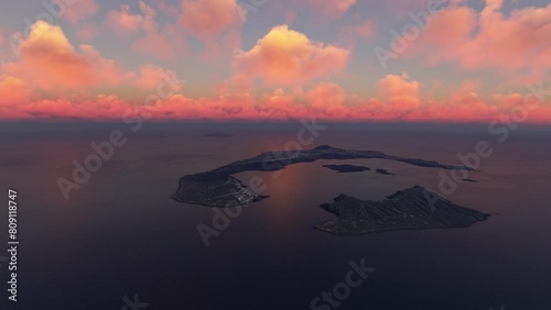 Aerial view at sunset of the island Thira or Fira in Santorini. Greece