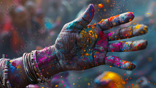 close up of a color festival scene in india, face with colors, colored background © Gegham
