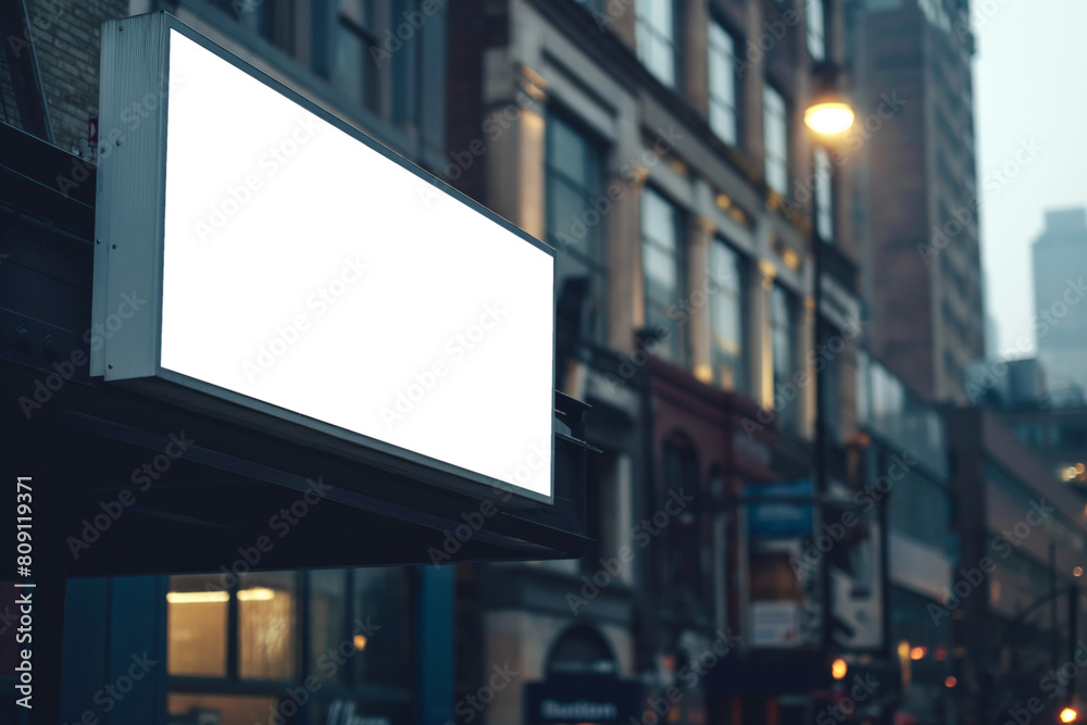 Empty storefront signage in a twilight cityscape Empty storefront signage in a twilight cityscape