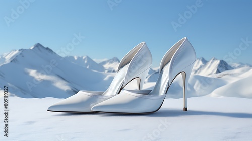 Generate an image of a pair of sleek white mules against a backdrop of snowy mountains and icy blue skies, embodying winter wonderland chic. photo
